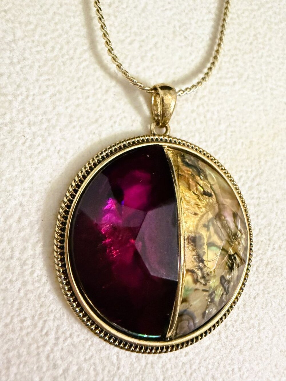 Gold Plated Pendant Necklace Faceted Purple Crystal & Iridescent Abalone Shell